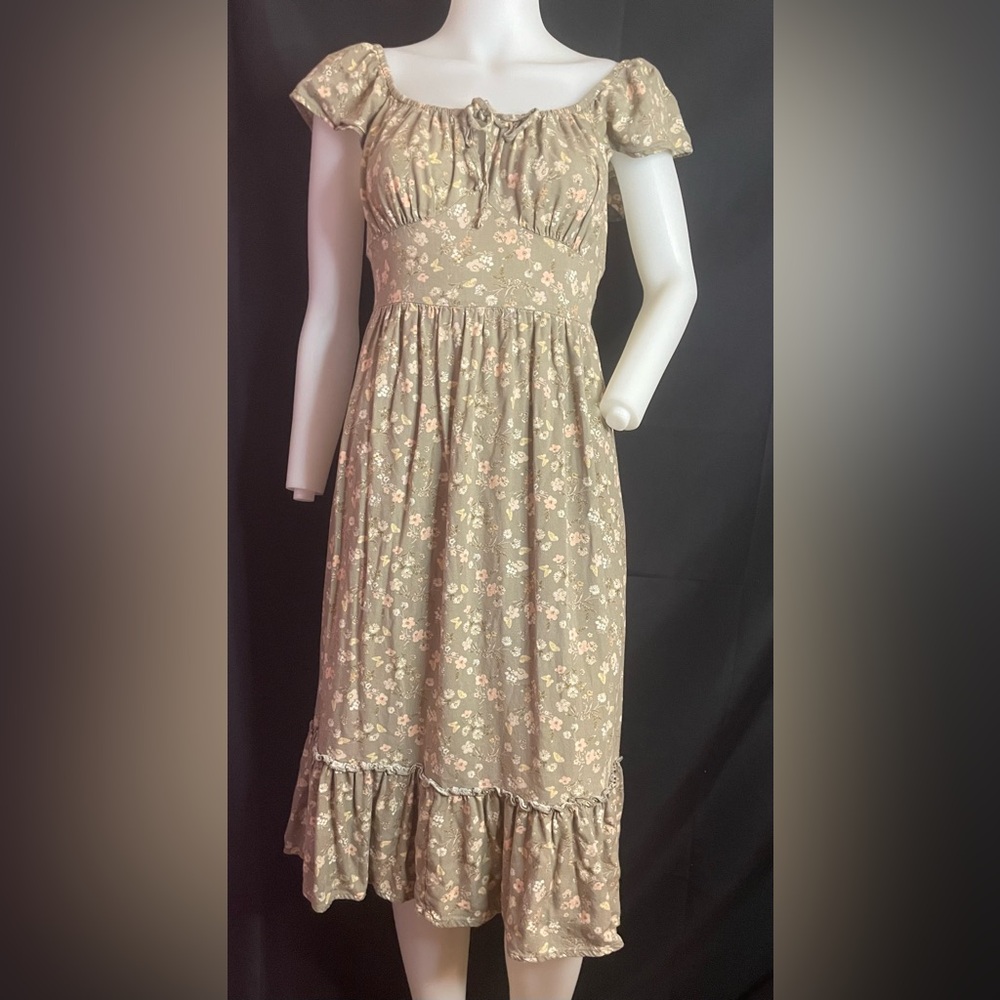 Floral Sage Puff-Sleeve Midi Dress Arizona jeans co sz M tie in front